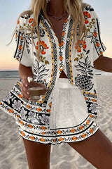 Ethnic Floral Print Loose Button Elastic Waist Shorts Set