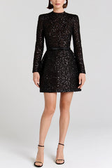 Edie Sequin High Neck Long Sleeve Satin Bow Belted Tulip Mini Dress