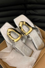 Versatile Square Toe Thong Casual Flat Metal Buckle Sandals