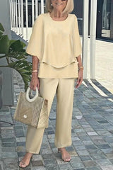 Fashion Round Neck Half Sleeve Loose Top and Elastic Waist Casual Straight Pants Set