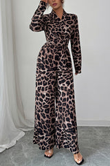 Fashionable Leopard Print Long-sleeved High-waisted Casual Wide-leg Jumpsuit