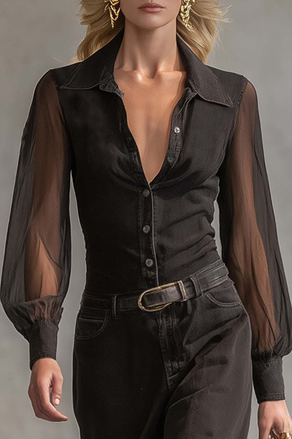 Fashionable Sheer Long-sleeved Casual Button-down Maxi Dress