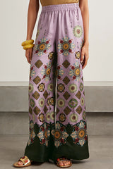 Satin Unique Print Loose Batwing Sleeve Top and Elastic Waist Pocket Casual Wide-leg Pants Set