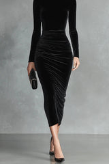 Solid Color Velvet Slim-fit Long-sleeved Elegant Pleated Midi Dress