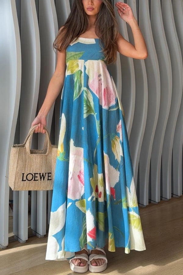 Floral Print Square Neck Sleeveless Casual Holiday Maxi Dress