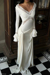 Fashion Lace Splicing Sexy V-neck Long-sleeved Slim Maxi Dress