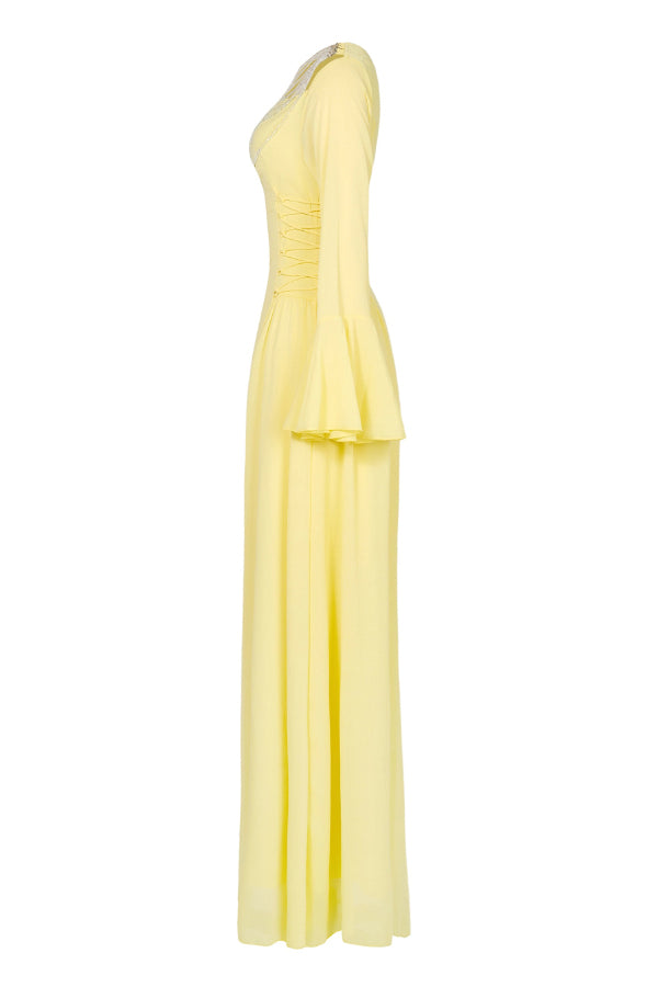 Fashionable Beaded Long-sleeved Square-neck Fitted Waist Tie Maxi Dress