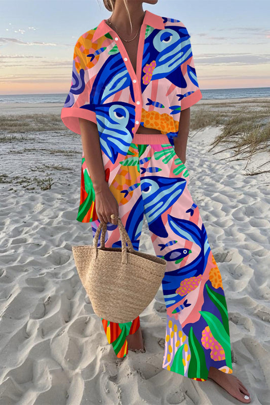 Whale Print Oversized Shirt and Elastic Waist Pocket Pants Set