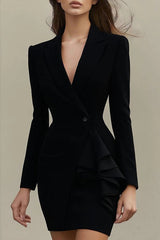 Fashion Lapel Long Sleeve Button Ruffle Trim Mini Dress