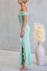 Sexy Mesh Off-shoulder Slim Fit Ruffled Slit Maxi Dress