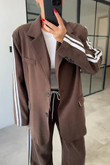 Levvie Striped Trim Long Sleeve Lapel Blazer and Rope Belt Pocketed Wide Leg Pants Set