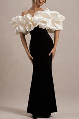 Cecily Velvet Off Shoulder Satin Structured Bardot Neck Stretch Maxi Dress