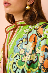 Color Block Unique Print Pocket Button Drawstring Long Sleeve Maxi Dress