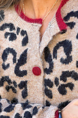 Leopard Print Crew Neck Long-sleeved Loose Knit Cardigan