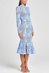 Feminine and Elegant Flower Lace Long Sleeve Bow Belted Flare Midi Dress