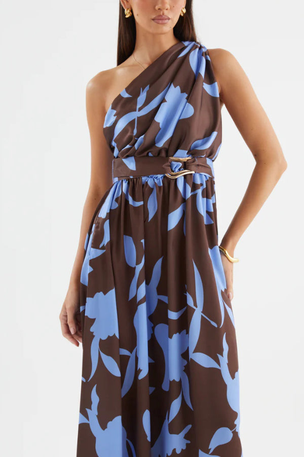 Unique Printed One-Shoulder Belt Casual Holiday Maxi Dress