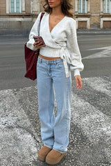 Solid Color Crossover V-neck Tie Elegant Long-sleeved Knit Top