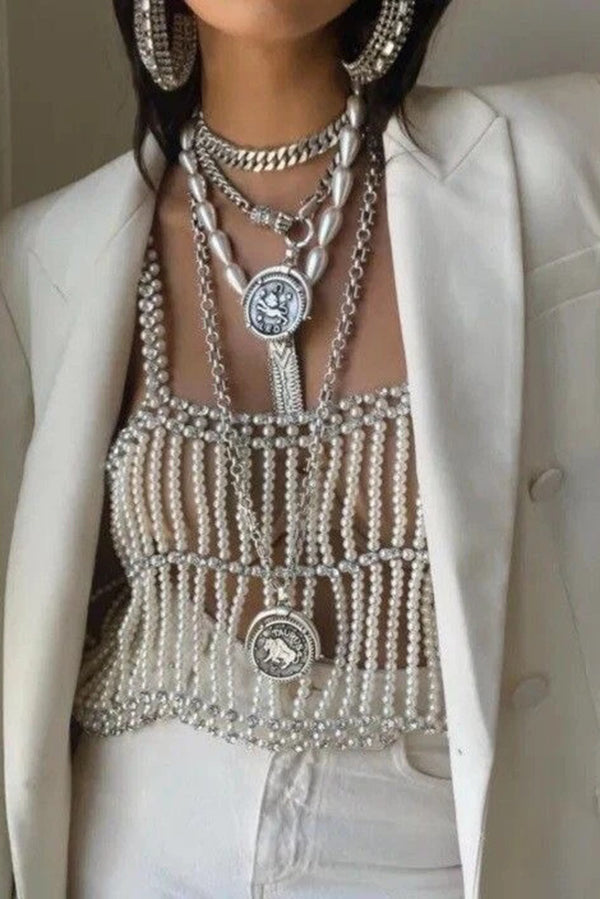 Fashionable Pearl Beaded Rhinestone Multi-layered Chest Necklace