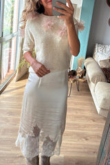 Alboran Knit Organza Flowers Detail Short Sleeve Loose Sweater