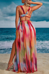 Eileen Tie-dye Print Exquisite Jewelry Ribbon Decoration Strapless Slit Maxi Dress