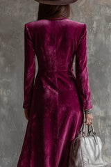 Elegant Velvet Collared Long-Sleeved Double-Breasted Midi Dress