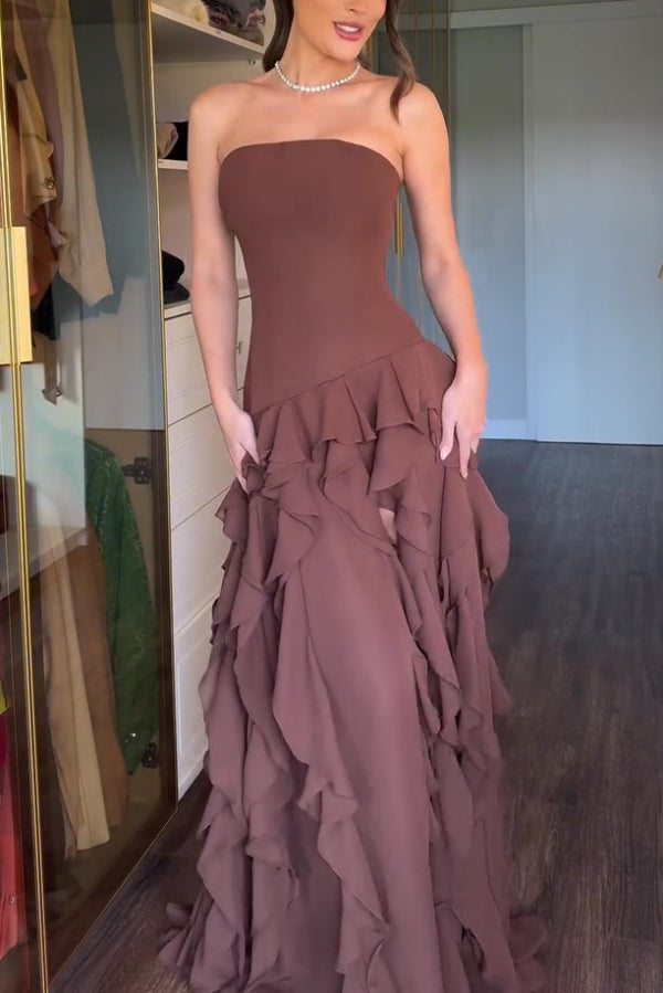 Elegant Sleeveless Off-shoulder Fitted Ruffled High Slit Maxi Dress