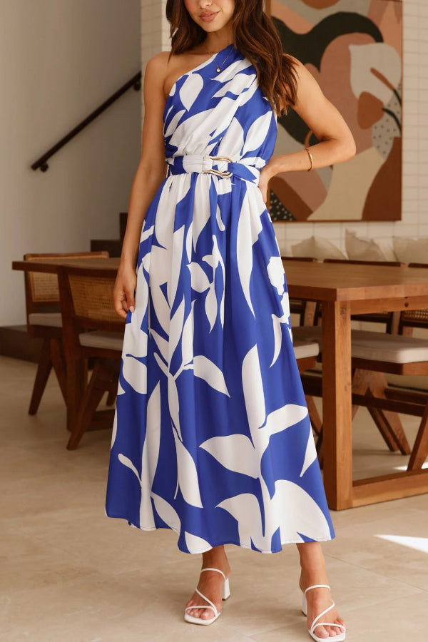 Unique Printed One-Shoulder Belt Casual Holiday Maxi Dress