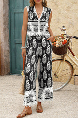 Bohemian Style Unique Print V-neck Sleeveless Top and Elastic Waist Casual Pocket Wide-leg Pants Set