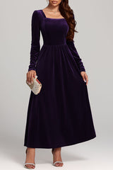 Solid Color Velvet Square Neck Long Sleeve Elegant Maxi Dress