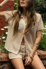 Fashionable Hollow Short-sleeved Casual Top and Elastic Waist Drawstring Shorts Set