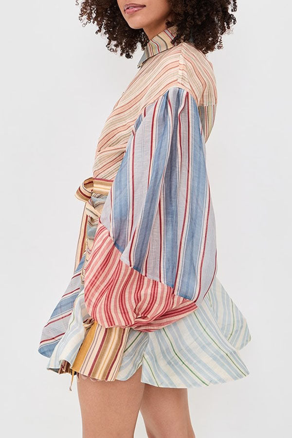 Salie Linen Blend Color-block Stripes Twisted Wrap Long Balloon Sleeve Shirt Mini Dress