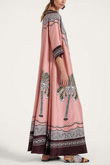 Satin Unique Print Casual V-neck Loose Holiday Maxi Dress