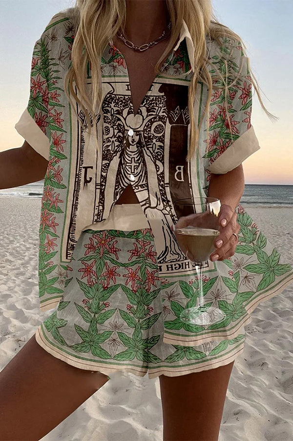 Tarot Print Loose Button Elastic Waist Shorts Set