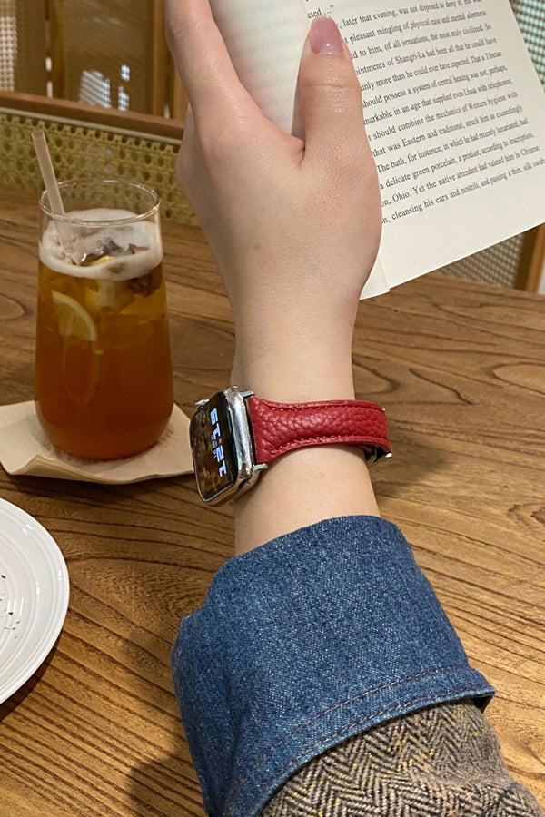 Fashionable Genuine Leather Lychee Pattern Double C Magnetic Buckle Watch Strap