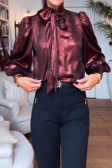 Ariella Metallic Satin Fabric Tie-up Bow Neck Long Sleeve Blouse