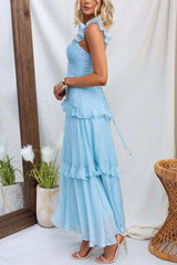 Solid Color Halter Backless Tie Elegant Ruffle Maxi Dress