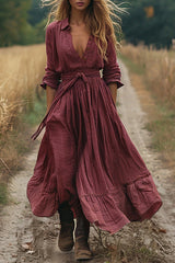 Retro Waist Tie V-neck Long-sleeved Casual Maxi Dress