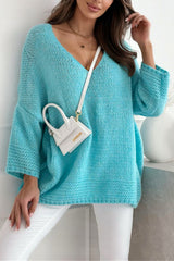 Solid Color Loose V-neck Casual Knitted Sweater