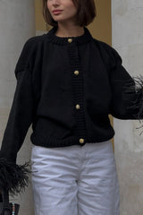 Solid Color Elegant Feather Long Sleeve Casual Knitted Cardigan