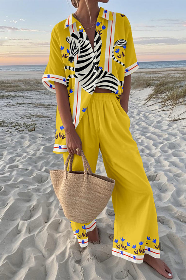 Zebra Print Oversized Shirt and Elastic Waist Pocket Pants Set