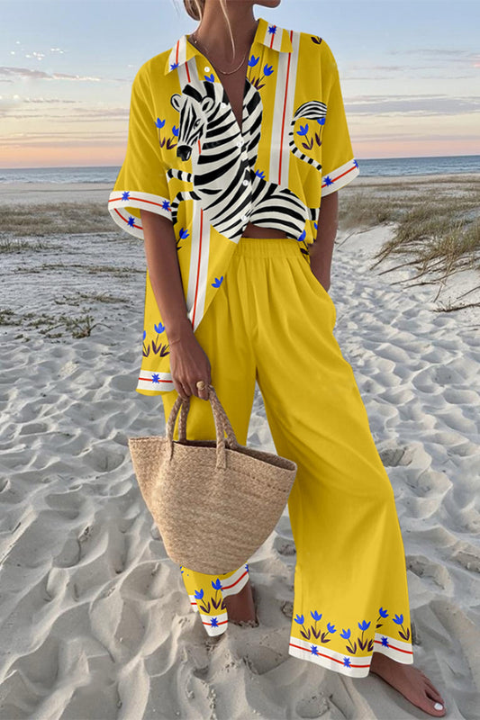 Zebra Print Oversized Shirt and Elastic Waist Pocket Pants Set
