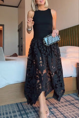 Atlas Asymmetric Ribbed-knit and Guipure Lace Back Zipper Midi Dress