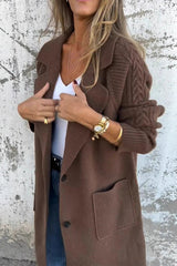 Solid Color Knitted Cable Knit Long Sleeve Loose Pocket Long Coat