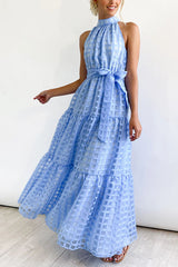 Elena Tulle Square Patterned Fabric Belted Halter Maxi Dress