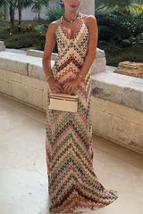Missoni Summer Knit Colorful Herringbone Print Open Beck Maxi Dress