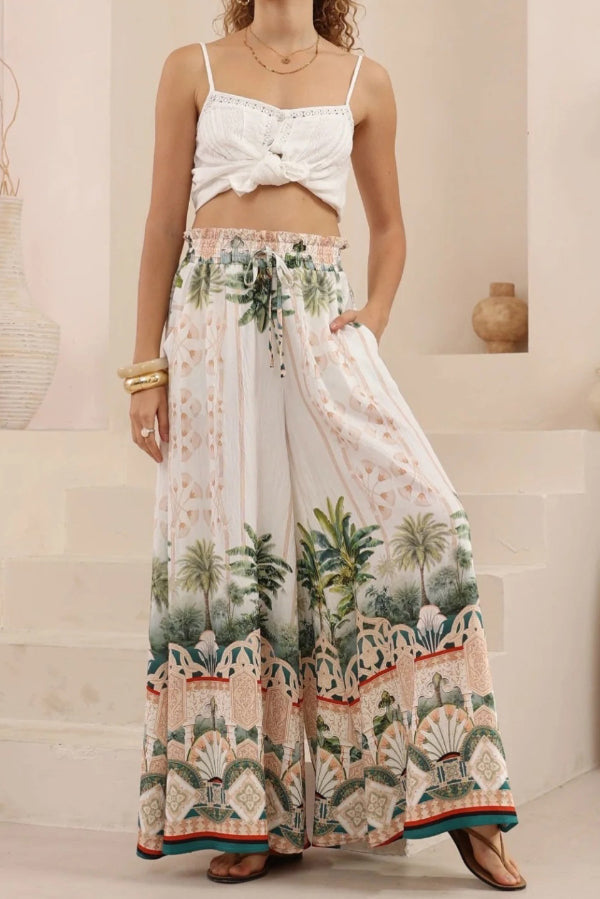 Unique Printed Casual Elastic Waist Pockets Loose Wide-leg Pants