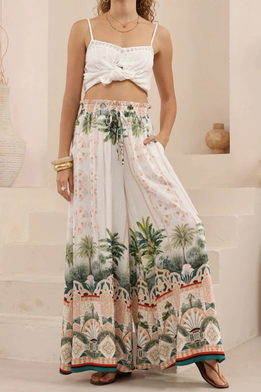 Unique Printed Casual Elastic Waist Pockets Loose Wide-leg Pants