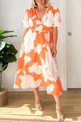 V Neck Multi Print Stretch Waist Hidden Zip Maxi Dress