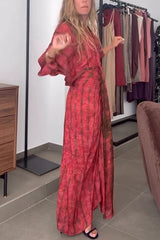 Unique Printed V-neck High-waisted Loose-fitting Holiday Maxi Dress