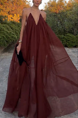 Flowing Lightweight Chiffon Chain Halter Neck Detail Backless A-line Maxi Dress